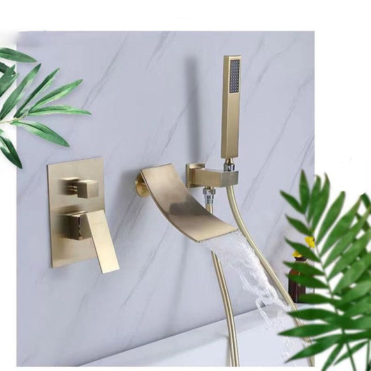 Modern Brass Faucet Swivel 1-Handle and 4-Hole Wall Mounted Tub Spout Trim Clearhalo 'Bathroom Remodel & Bathroom Fixtures' 'Bathtub Faucets' 'bathtub_faucets' 'Home Improvement' 'home_improvement' 'home_improvement_bathtub_faucets' 1200x1200_9dca4b63-a750-42f1-a921-a974d548103b