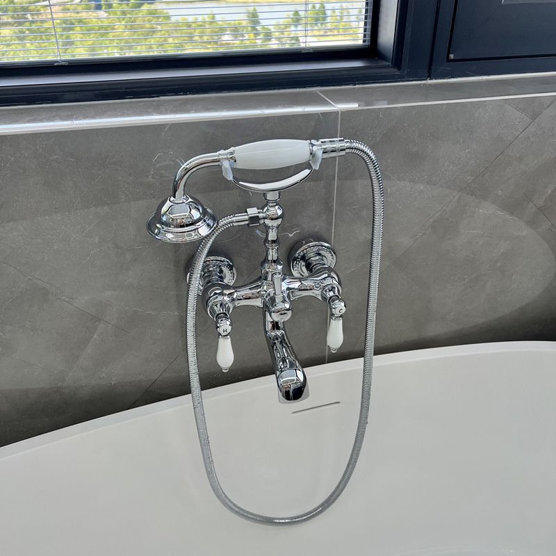 Gold and Silver Claw Foot Tub Faucet Wall Mounted 2-Handle Tub Filler with Handheld Shower Clearhalo 'Bathroom Remodel & Bathroom Fixtures' 'Bathtub Faucets' 'bathtub_faucets' 'Home Improvement' 'home_improvement' 'home_improvement_bathtub_faucets' 1200x1200_a08d1607-f487-4b6a-816e-30f586bec4f7