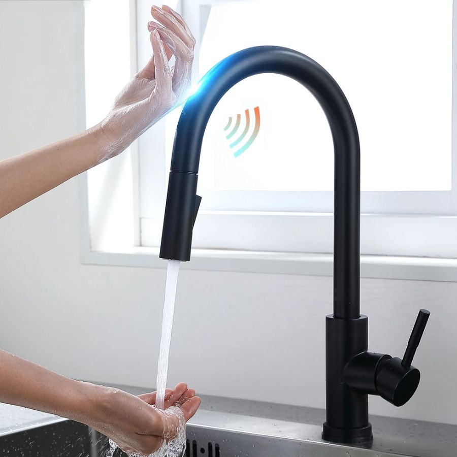 Kitchen Bar Faucet Swivel Spout Gooseneck Touch Sensor Faucet with Pull Down Sprayer Clearhalo 'Home Improvement' 'home_improvement' 'home_improvement_kitchen_faucets' 'Kitchen Faucets' 'Kitchen Remodel & Kitchen Fixtures' 'Kitchen Sinks & Faucet Components' 'kitchen_faucets' 1200x1200_a25d6696-c21b-4183-bf20-3b7b13787e90
