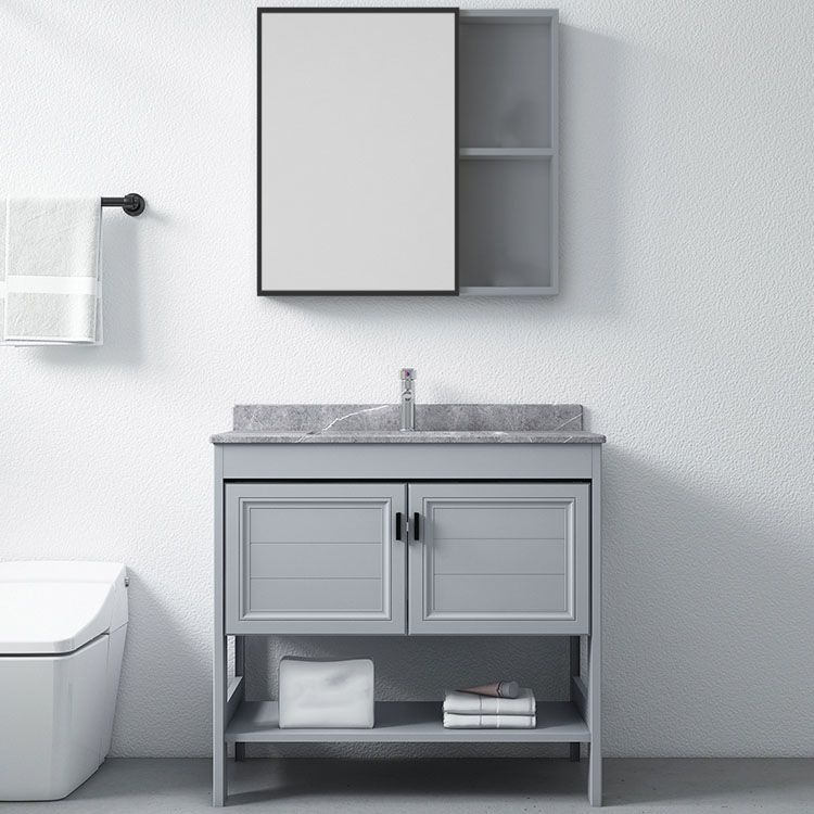 Grey Freestanding Vanity Metal Frame Glam Single Sink Shelving Included Vanity Clearhalo 'Bathroom Remodel & Bathroom Fixtures' 'Bathroom Vanities' 'bathroom_vanities' 'Home Improvement' 'home_improvement' 'home_improvement_bathroom_vanities' 1200x1200_a26eb78b-f375-4b57-ae9c-1d5e1d477b01