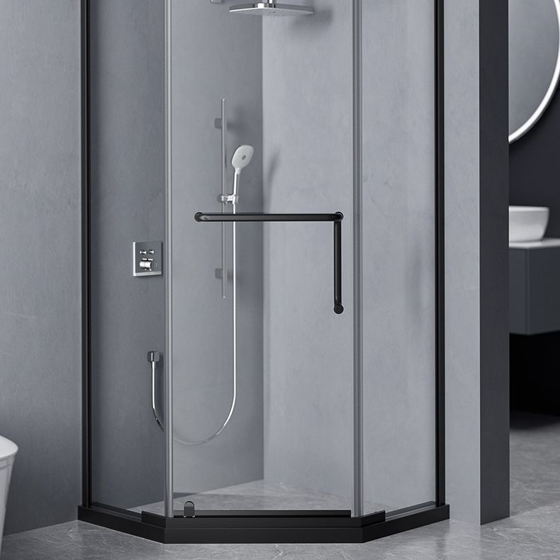 Black and Silver Neo-Angle Shower Enclosure Tempered Glass Shower Enclosure Clearhalo 'Bathroom Remodel & Bathroom Fixtures' 'Home Improvement' 'home_improvement' 'home_improvement_shower_stalls_enclosures' 'Shower Stalls & Enclosures' 'shower_stalls_enclosures' 'Showers & Bathtubs' 1200x1200_a2c2c36d-91b4-4819-97ff-06814852319d