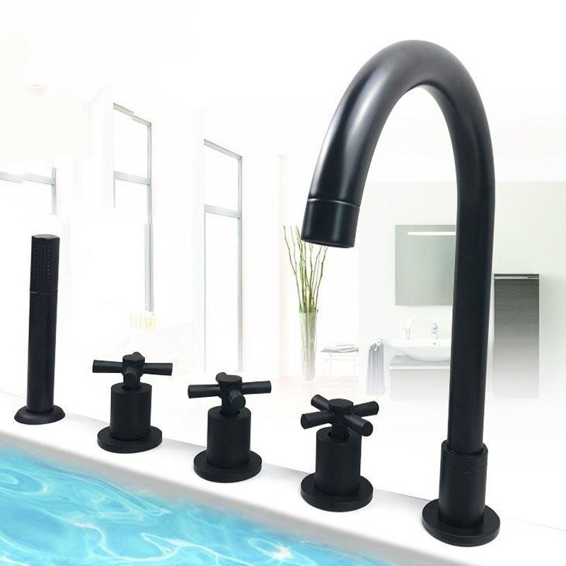 Modern Brass Tub Faucet in Black with 3 Handles Deck Mount Bathroom Faucet Clearhalo 'Bathroom Remodel & Bathroom Fixtures' 'Bathtub Faucets' 'bathtub_faucets' 'Home Improvement' 'home_improvement' 'home_improvement_bathtub_faucets' 1200x1200_a3147e82-2c5c-447d-8724-fa5877b3e090