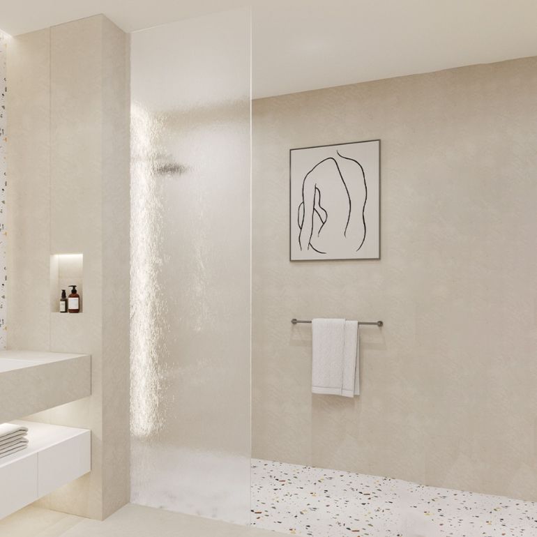 Minimalist Fixed Semi-partition Water Ripple Glass Shower Screen Clearhalo 'Bathroom Remodel & Bathroom Fixtures' 'Home Improvement' 'home_improvement' 'home_improvement_shower_tub_doors' 'Shower and Tub Doors' 'shower_tub_doors' 'Showers & Bathtubs' 1200x1200_a3de7e36-1e1b-4bdf-b2dc-db154e22b20a