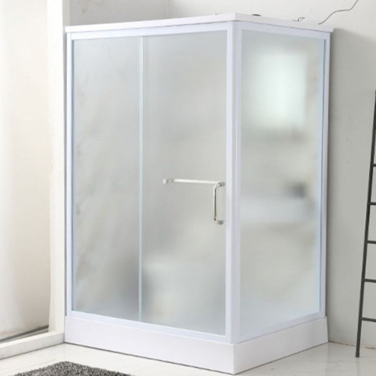 Framed Single Sliding Frosted Shower Kit Rectangle White Shower Stall Clearhalo 'Bathroom Remodel & Bathroom Fixtures' 'Home Improvement' 'home_improvement' 'home_improvement_shower_stalls_enclosures' 'Shower Stalls & Enclosures' 'shower_stalls_enclosures' 'Showers & Bathtubs' 1200x1200_a4b8c519-0b4a-4ed0-8160-cdac24fa51db