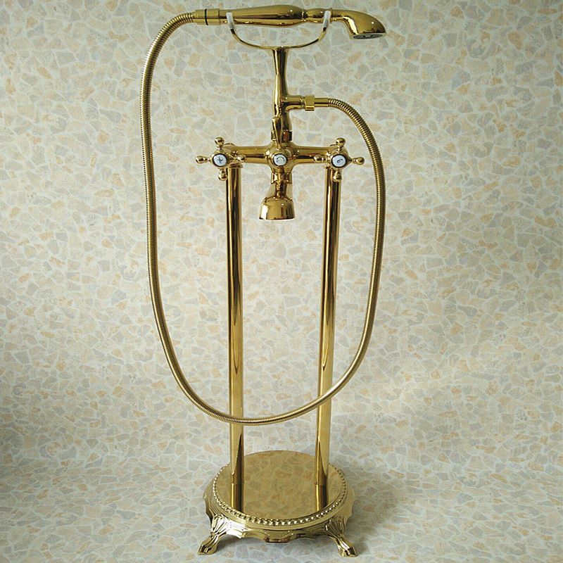 Floor Mounted Tub Spout 3 Handles Traditional Freestanding Tub Filler in Gold Clearhalo 'Bathroom Remodel & Bathroom Fixtures' 'Bathtub Faucets' 'bathtub_faucets' 'Home Improvement' 'home_improvement' 'home_improvement_bathtub_faucets' 1200x1200_a5522bbd-6423-436e-8c7d-5911cf46d4ee