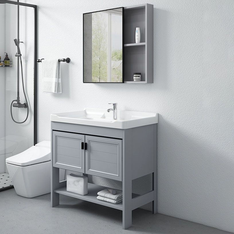 Shelving Included Bath Vanity Freestanding Grey Single Sink 2 Doors Metal Frame Vanity Clearhalo 'Bathroom Remodel & Bathroom Fixtures' 'Bathroom Vanities' 'bathroom_vanities' 'Home Improvement' 'home_improvement' 'home_improvement_bathroom_vanities' 1200x1200_a5a52924-2f25-45b3-8b00-72733e201c18