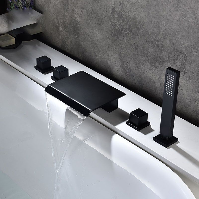 Modern Roman Tub Faucet with Waterfall Spout Deck Mount Bathroom Faucet Clearhalo 'Bathroom Remodel & Bathroom Fixtures' 'Bathtub Faucets' 'bathtub_faucets' 'Home Improvement' 'home_improvement' 'home_improvement_bathtub_faucets' 1200x1200_a5c7ae61-dcd6-468e-89b0-a09e2ae2be51