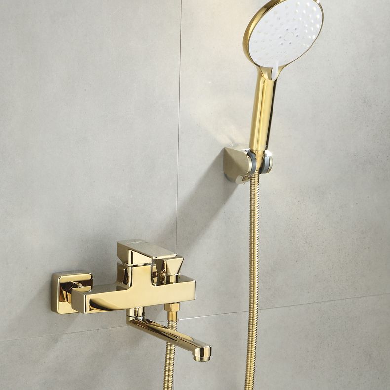 Wall Mounted Gold Bathtub Faucet Swivel Spout Lever Handle with Hand Shower Clearhalo 'Bathroom Remodel & Bathroom Fixtures' 'Bathtub Faucets' 'bathtub_faucets' 'Home Improvement' 'home_improvement' 'home_improvement_bathtub_faucets' 1200x1200_a8e7e06e-56d5-4245-b3ef-cc43c9a973d2