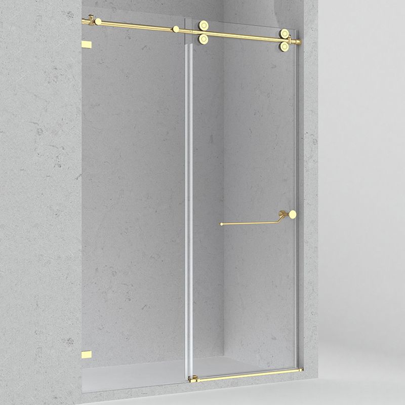 Minimalist Stainless Steel Hanging Wheel Frameless Single Sliding Shower Door Clearhalo 'Bathroom Remodel & Bathroom Fixtures' 'Home Improvement' 'home_improvement' 'home_improvement_shower_tub_doors' 'Shower and Tub Doors' 'shower_tub_doors' 'Showers & Bathtubs' 1200x1200_a9080f72-980d-4b70-9fc2-78f13131d34d