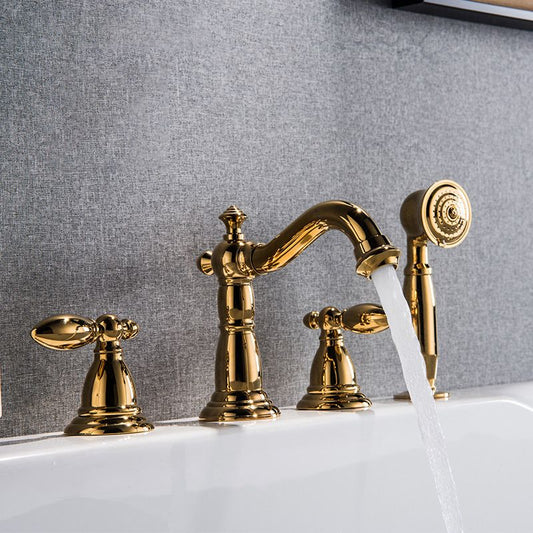Gold and Chrome Roman Tub Filler Two Handle Deck-Mount Tub Faucet with Handshower Clearhalo 'Bathroom Remodel & Bathroom Fixtures' 'Bathtub Faucets' 'bathtub_faucets' 'Home Improvement' 'home_improvement' 'home_improvement_bathtub_faucets' 1200x1200_a93402a1-9747-4ea7-893b-bf8bbe70b1b0