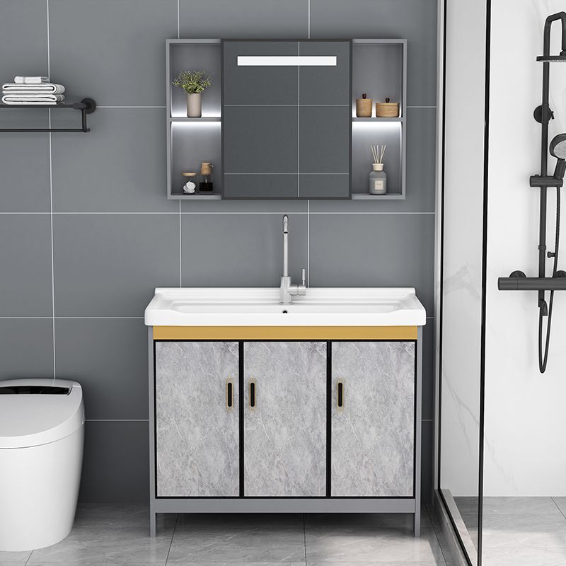 Bath Vanity Single Sink Metal Frame Grey Rectangular 2 Doors Freestanding Vanity Clearhalo 'Bathroom Remodel & Bathroom Fixtures' 'Bathroom Vanities' 'bathroom_vanities' 'Home Improvement' 'home_improvement' 'home_improvement_bathroom_vanities' 1200x1200_a962c689-7f8d-435a-bc46-6bb6cb981544