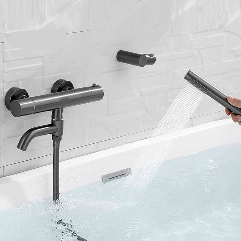 Handshower Tub Filler Black Brass Double Knob Handle Swivel Wall Mount Tub Filler Clearhalo 'Bathroom Remodel & Bathroom Fixtures' 'Bathtub Faucets' 'bathtub_faucets' 'Home Improvement' 'home_improvement' 'home_improvement_bathtub_faucets' 1200x1200_ab65a639-b945-42b7-9553-a05af5ff1aff