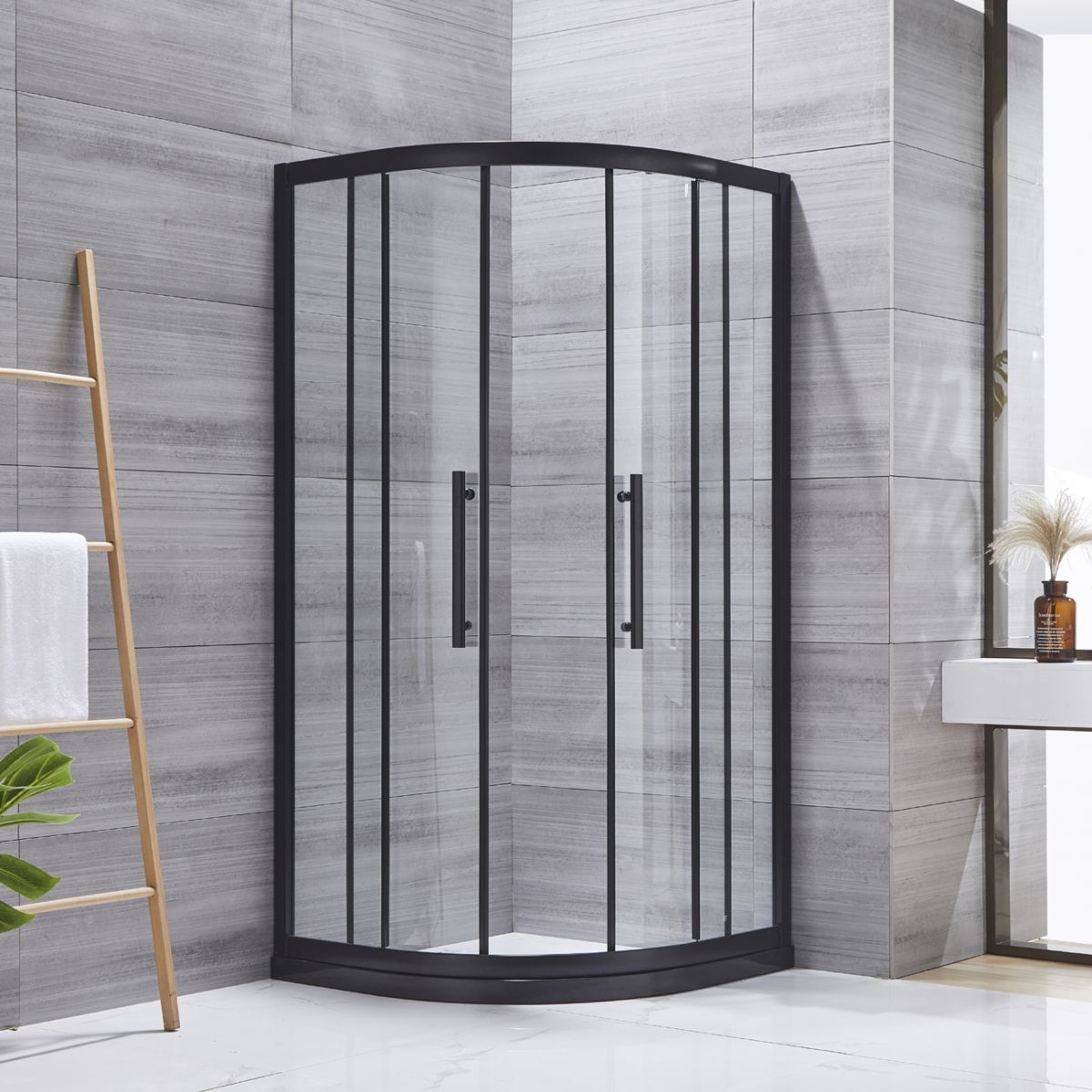 Neo-round Double Sliding Shower Enclosure Black Frame Shower Kit Clearhalo 'Bathroom Remodel & Bathroom Fixtures' 'Home Improvement' 'home_improvement' 'home_improvement_shower_stalls_enclosures' 'Shower Stalls & Enclosures' 'shower_stalls_enclosures' 'Showers & Bathtubs' 1200x1200_abe89cec-0391-4d42-bca7-0ab82d6c5a1b