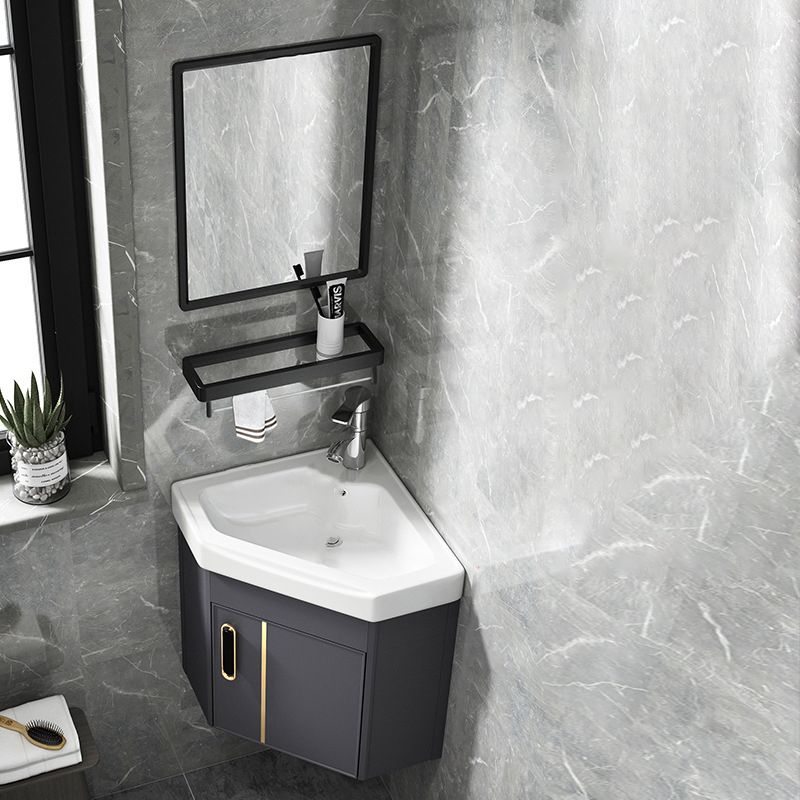 Wall Mounted Corner Vanity Triangular Single Sink Mirror Metal Frame Bath Vanity with Door Clearhalo 'Bathroom Remodel & Bathroom Fixtures' 'Bathroom Vanities' 'bathroom_vanities' 'Home Improvement' 'home_improvement' 'home_improvement_bathroom_vanities' 1200x1200_ac1d0742-4fac-419e-a1ec-bd5dafc33849