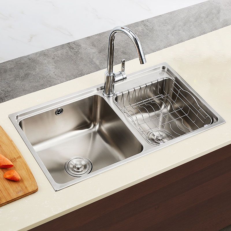 Stainless Steel Kitchen Sink Double Bowl Kitchen Sink with Drain Assembly Clearhalo 'Home Improvement' 'home_improvement' 'home_improvement_kitchen_sinks' 'Kitchen Remodel & Kitchen Fixtures' 'Kitchen Sinks & Faucet Components' 'Kitchen Sinks' 'kitchen_sinks' 1200x1200_aeade7a9-049c-4e40-a138-0a61a6eb4473