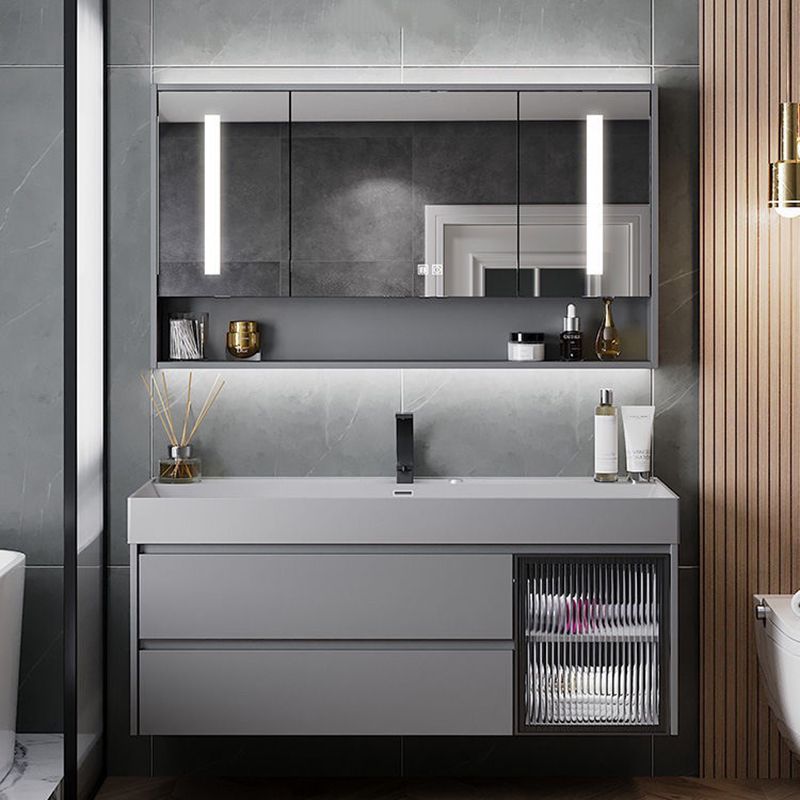 Drawers Bathroom Vanity Metal Single Sink Grey Rectangle Wall Mount Vanity Set with Mirror Clearhalo 'Bathroom Remodel & Bathroom Fixtures' 'Bathroom Vanities' 'bathroom_vanities' 'Home Improvement' 'home_improvement' 'home_improvement_bathroom_vanities' 1200x1200_aff112d5-8369-42ee-8a3f-a4125aaf06e3