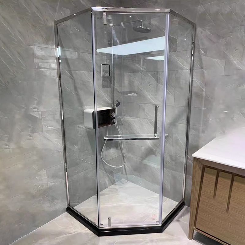 Transparent Pivot Shower Bath Door Silver and Black Frame Shower Door Clearhalo 'Bathroom Remodel & Bathroom Fixtures' 'Home Improvement' 'home_improvement' 'home_improvement_shower_tub_doors' 'Shower and Tub Doors' 'shower_tub_doors' 'Showers & Bathtubs' 1200x1200_b0355639-6b18-4f65-a16d-9674f2fee46e