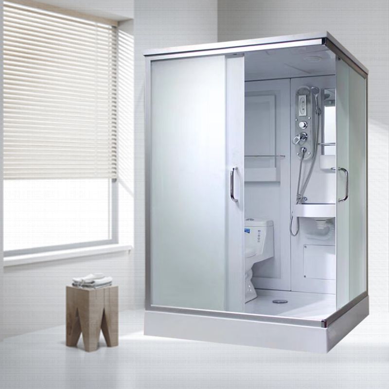 Double Sliding Rectangle Shower Kit White Frosted Shower Stall - Clearhalo