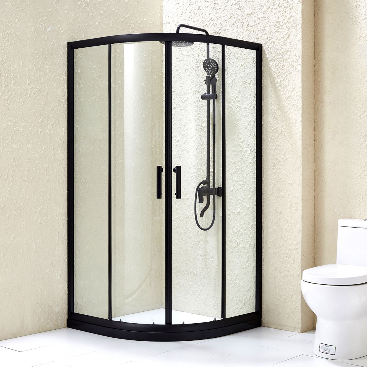 Black Framed Shower Kit Double Sliding Rounded Shower Kit with 2 Door Handle Clearhalo 'Bathroom Remodel & Bathroom Fixtures' 'Home Improvement' 'home_improvement' 'home_improvement_shower_stalls_enclosures' 'Shower Stalls & Enclosures' 'shower_stalls_enclosures' 'Showers & Bathtubs' 1200x1200_b1200a9f-6c40-46d7-bc8c-63a4442b73b9