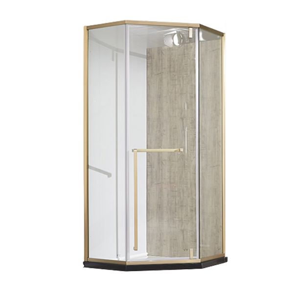 Gold Frame Neo-Angle Shower Enclosure with Single Door Handle Clearhalo 'Bathroom Remodel & Bathroom Fixtures' 'Home Improvement' 'home_improvement' 'home_improvement_shower_stalls_enclosures' 'Shower Stalls & Enclosures' 'shower_stalls_enclosures' 'Showers & Bathtubs' 1200x1200_b1418878-a76c-4407-ad18-a873ee4016b9