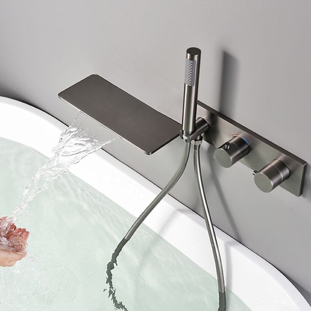 Modern Bath Faucet Solid Color Wall Mounted Waterfall Bathroom Faucet with Double Handle Clearhalo 'Bathroom Remodel & Bathroom Fixtures' 'Bathtub Faucets' 'bathtub_faucets' 'Home Improvement' 'home_improvement' 'home_improvement_bathtub_faucets' 1200x1200_b254f1e4-03c8-4b55-a089-499552909194