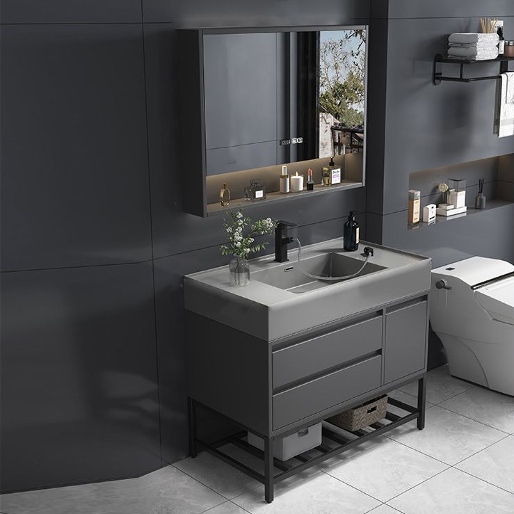 Single Sink Grey Vanity Shelving Included Mirror Rectangle Vanity with 2 Drawers Clearhalo 'Bathroom Remodel & Bathroom Fixtures' 'Bathroom Vanities' 'bathroom_vanities' 'Home Improvement' 'home_improvement' 'home_improvement_bathroom_vanities' 1200x1200_b2d183b9-3c18-4960-a5a9-bcf092667f89