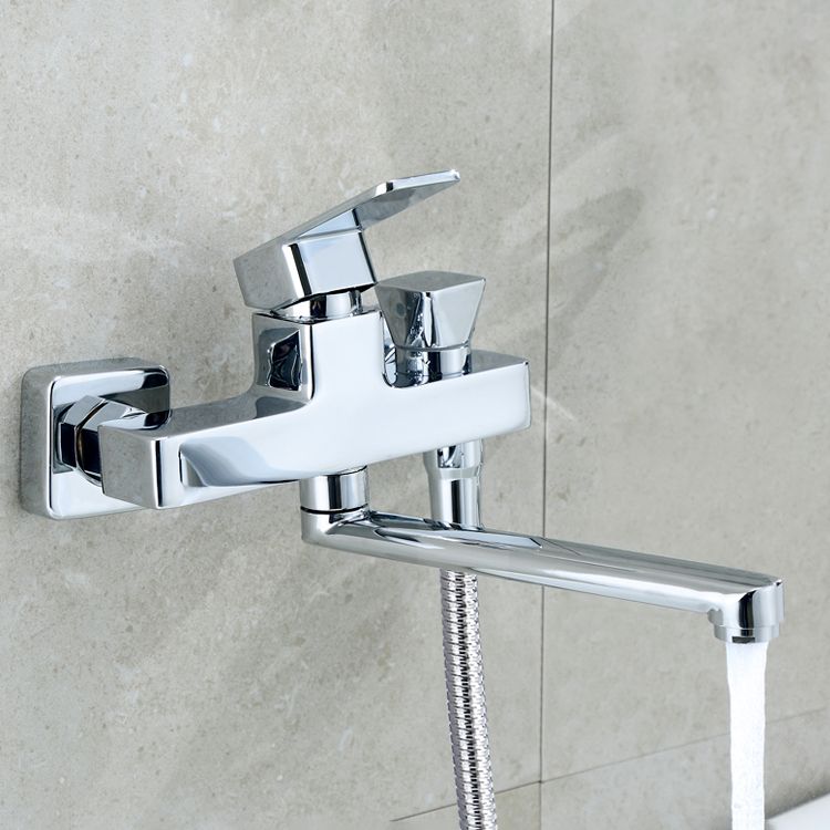 Wall Mounted Bath Faucet Trim Chrome Polished Swivel Spout with Handshower Clearhalo 'Bathroom Remodel & Bathroom Fixtures' 'Bathtub Faucets' 'bathtub_faucets' 'Home Improvement' 'home_improvement' 'home_improvement_bathtub_faucets' 1200x1200_b4313ded-7e7c-4f23-95cb-132d250580a9