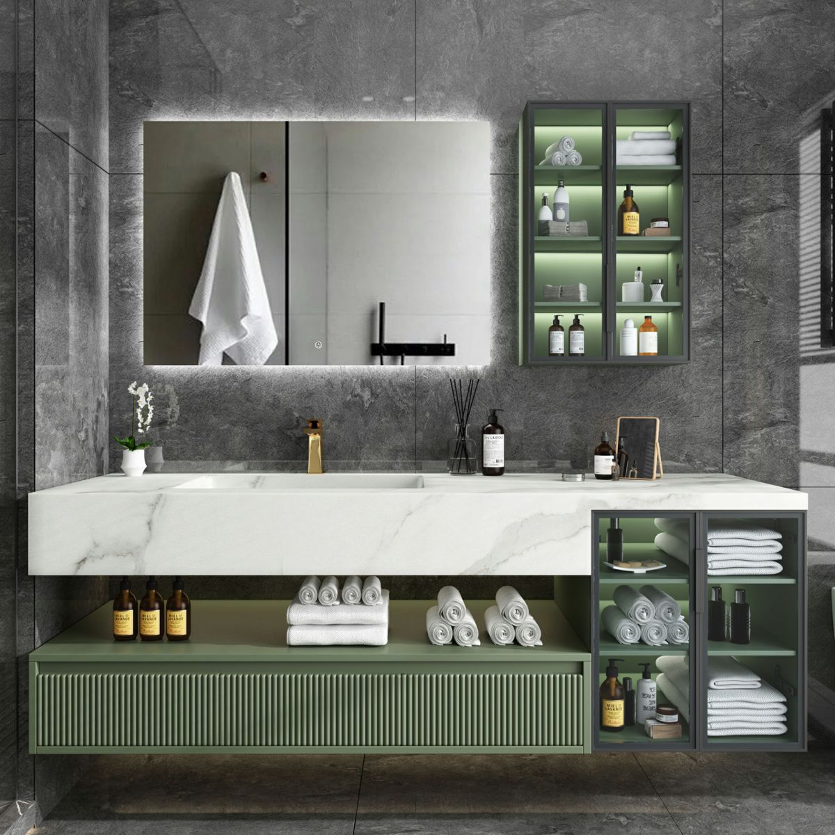 Modern Wall Mount Sink Vanity in Green with Mirror Drawers for Bathroom Clearhalo 'Bathroom Remodel & Bathroom Fixtures' 'Bathroom Vanities' 'bathroom_vanities' 'Home Improvement' 'home_improvement' 'home_improvement_bathroom_vanities' 1200x1200_b4fc208f-f608-4897-ae92-6de29a686e25