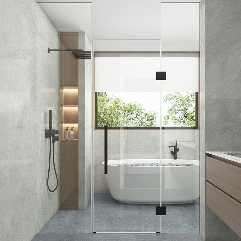 Frameless to Ceiling Bathroom Screen, Swing Tempered Glass Shower Door Clearhalo 'Bathroom Remodel & Bathroom Fixtures' 'Home Improvement' 'home_improvement' 'home_improvement_shower_tub_doors' 'Shower and Tub Doors' 'shower_tub_doors' 'Showers & Bathtubs' 1200x1200_b56bf9e4-8aa7-44be-a5e5-b39ca99c3540