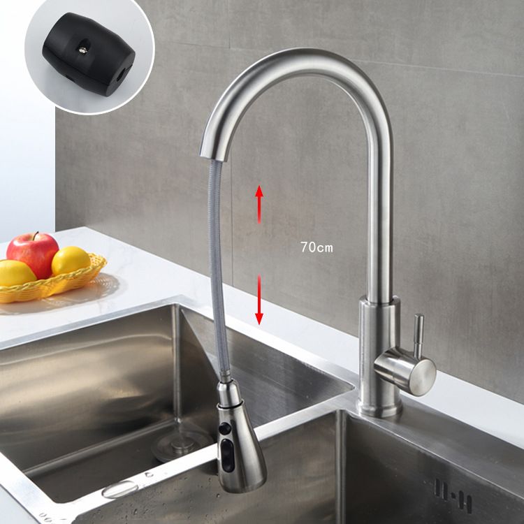 Contemporary Retractable Kitchen Faucet Stainless Steel 1-Handle High Arc Kitchen Faucet Clearhalo 'Home Improvement' 'home_improvement' 'home_improvement_kitchen_faucets' 'Kitchen Faucets' 'Kitchen Remodel & Kitchen Fixtures' 'Kitchen Sinks & Faucet Components' 'kitchen_faucets' 1200x1200_b5e603e5-0f7f-4700-80d4-86ed0c9c2746