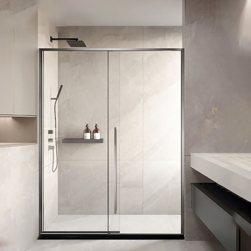 Silver Single Sliding Shower Bath Door Metal Semi-Frameless Shower Door Clearhalo 'Bathroom Remodel & Bathroom Fixtures' 'Home Improvement' 'home_improvement' 'home_improvement_shower_tub_doors' 'Shower and Tub Doors' 'shower_tub_doors' 'Showers & Bathtubs' 1200x1200_b68f7acc-3add-4990-a1d8-89feff32e24f