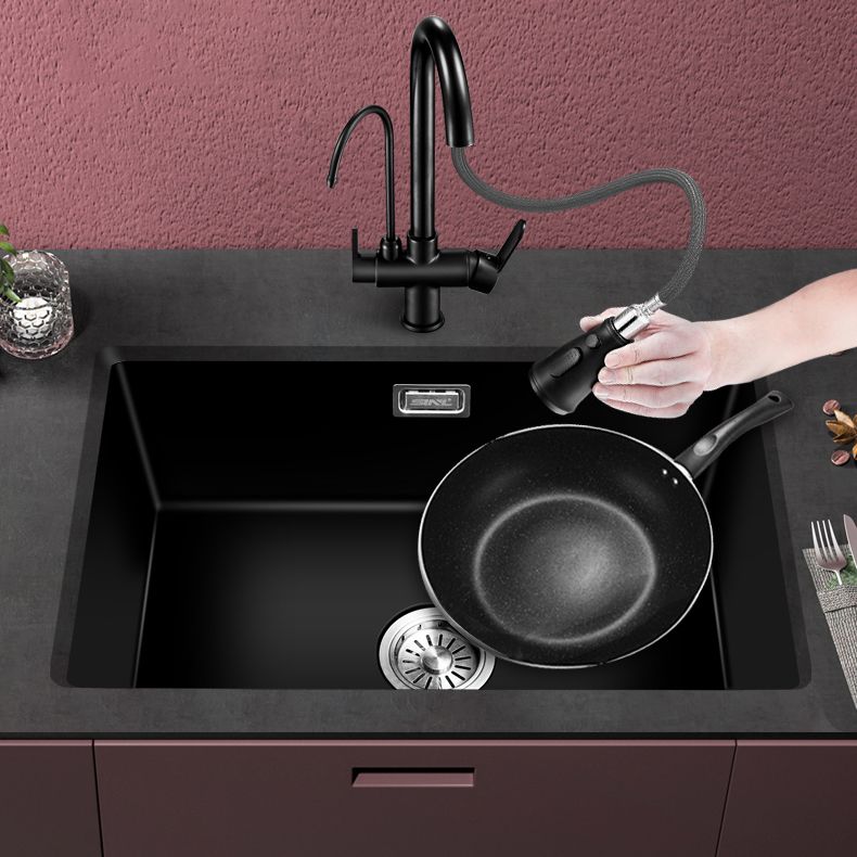 Black Quartz Kitchen Sink Contemporary Single Bowl Sink with Basket Strainer Clearhalo 'Home Improvement' 'home_improvement' 'home_improvement_kitchen_sinks' 'Kitchen Remodel & Kitchen Fixtures' 'Kitchen Sinks & Faucet Components' 'Kitchen Sinks' 'kitchen_sinks' 1200x1200_b90d56a1-b659-4f78-ab39-0f7bf9f75401