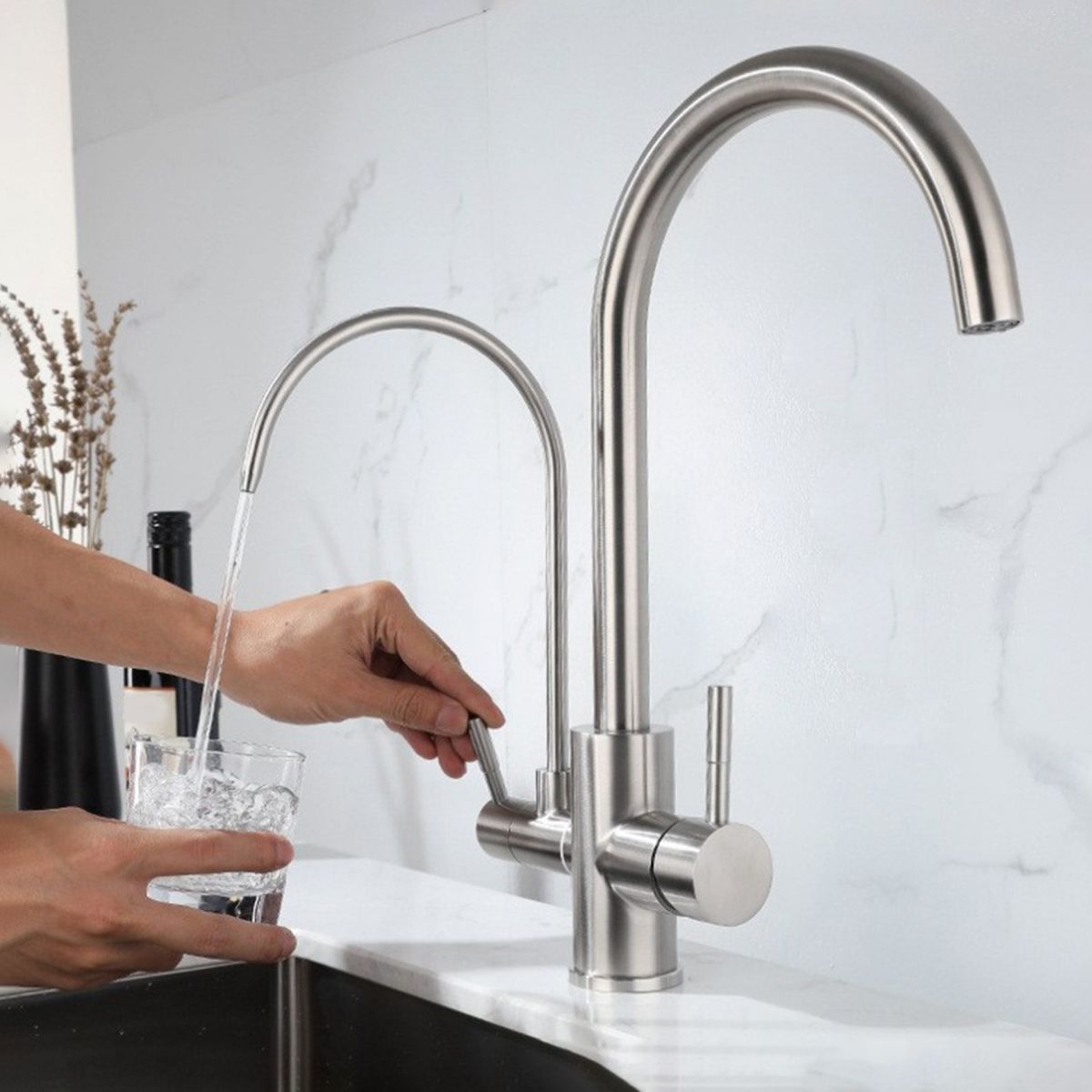 Modern Spray Kitchen Faucet Stainless Steel Swivel Spout with Water Dispenser Sink Faucet Clearhalo 'Home Improvement' 'home_improvement' 'home_improvement_kitchen_faucets' 'Kitchen Faucets' 'Kitchen Remodel & Kitchen Fixtures' 'Kitchen Sinks & Faucet Components' 'kitchen_faucets' 1200x1200_ba2bd9fb-52ea-4bc0-a225-4eca2558942f