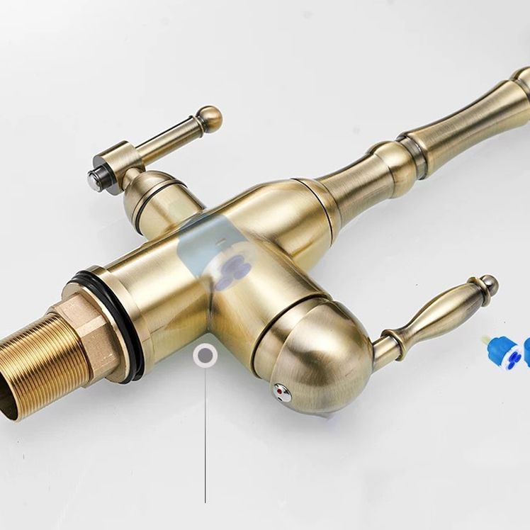 Traditional Bridge Kitchen Faucet 2-Handle Bridge Kitchen Faucet in Gold Clearhalo 'Home Improvement' 'home_improvement' 'home_improvement_kitchen_faucets' 'Kitchen Faucets' 'Kitchen Remodel & Kitchen Fixtures' 'Kitchen Sinks & Faucet Components' 'kitchen_faucets' 1200x1200_ba8d5b2f-b564-4632-a72e-7e48b50a8ba0