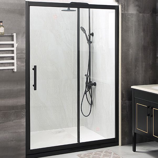 Modern Black Frame Shower Bath Door Transparent Single Sliding Shower Door Clearhalo 'Bathroom Remodel & Bathroom Fixtures' 'Home Improvement' 'home_improvement' 'home_improvement_shower_tub_doors' 'Shower and Tub Doors' 'shower_tub_doors' 'Showers & Bathtubs' 1200x1200_bbe351ec-4128-48f8-a140-cd0b49d2957f