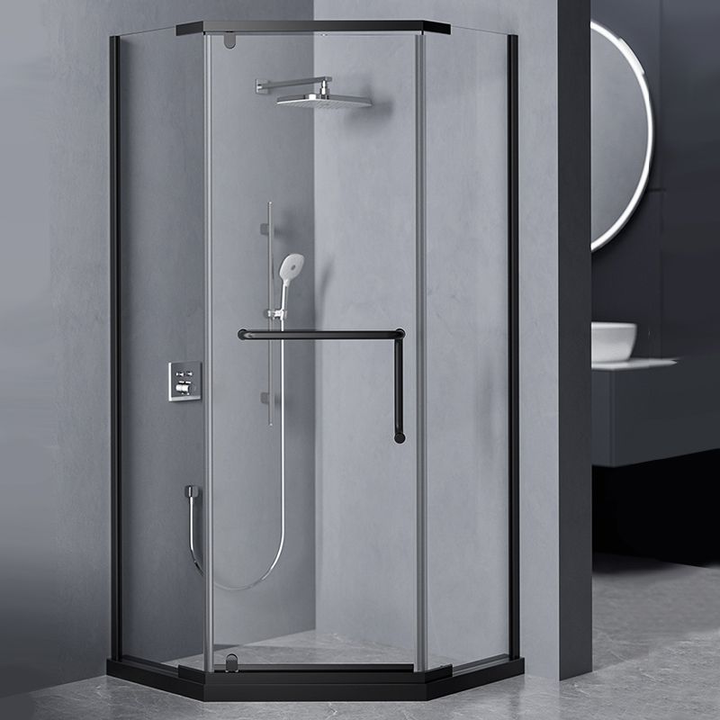Black and Silver Neo-Angle Shower Enclosure Tempered Glass Shower Enclosure Clearhalo 'Bathroom Remodel & Bathroom Fixtures' 'Home Improvement' 'home_improvement' 'home_improvement_shower_stalls_enclosures' 'Shower Stalls & Enclosures' 'shower_stalls_enclosures' 'Showers & Bathtubs' 1200x1200_bd1c619d-2b36-4a45-ab72-e0ec6057dcff