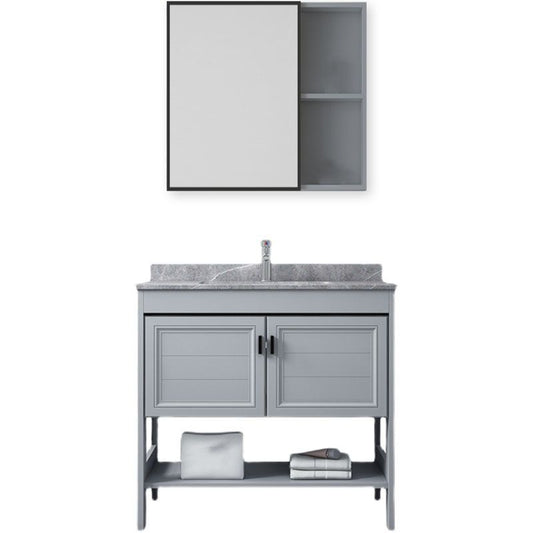 Grey Freestanding Vanity Metal Frame Glam Single Sink Shelving Included Vanity Clearhalo 'Bathroom Remodel & Bathroom Fixtures' 'Bathroom Vanities' 'bathroom_vanities' 'Home Improvement' 'home_improvement' 'home_improvement_bathroom_vanities' 1200x1200_be24629d-c4f4-4657-8acd-bc1cb7efda52