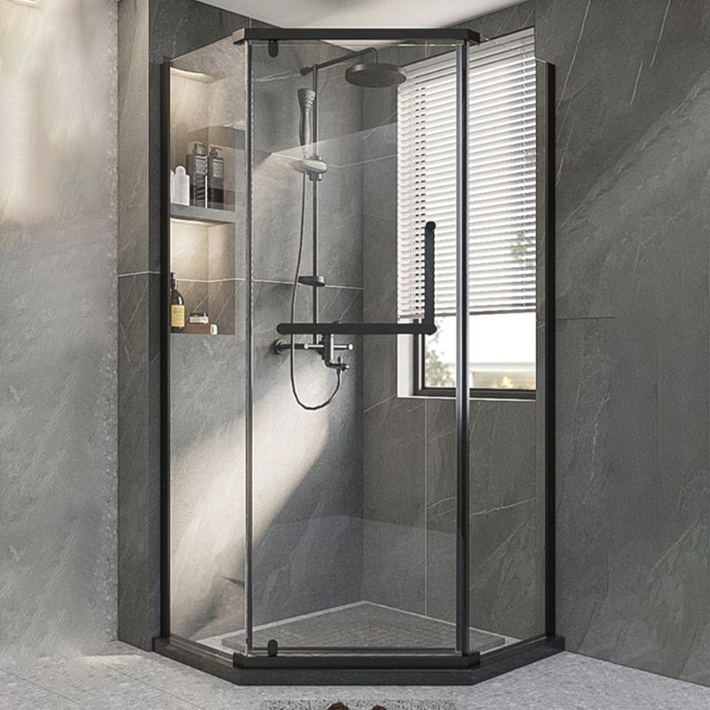 Black Semi Frameless Pivot Shower Door Tempered Glass Shower Door Clearhalo 'Bathroom Remodel & Bathroom Fixtures' 'Home Improvement' 'home_improvement' 'home_improvement_shower_tub_doors' 'Shower and Tub Doors' 'shower_tub_doors' 'Showers & Bathtubs' 1200x1200_be3e9a1e-c90a-4122-895e-cb5095680834