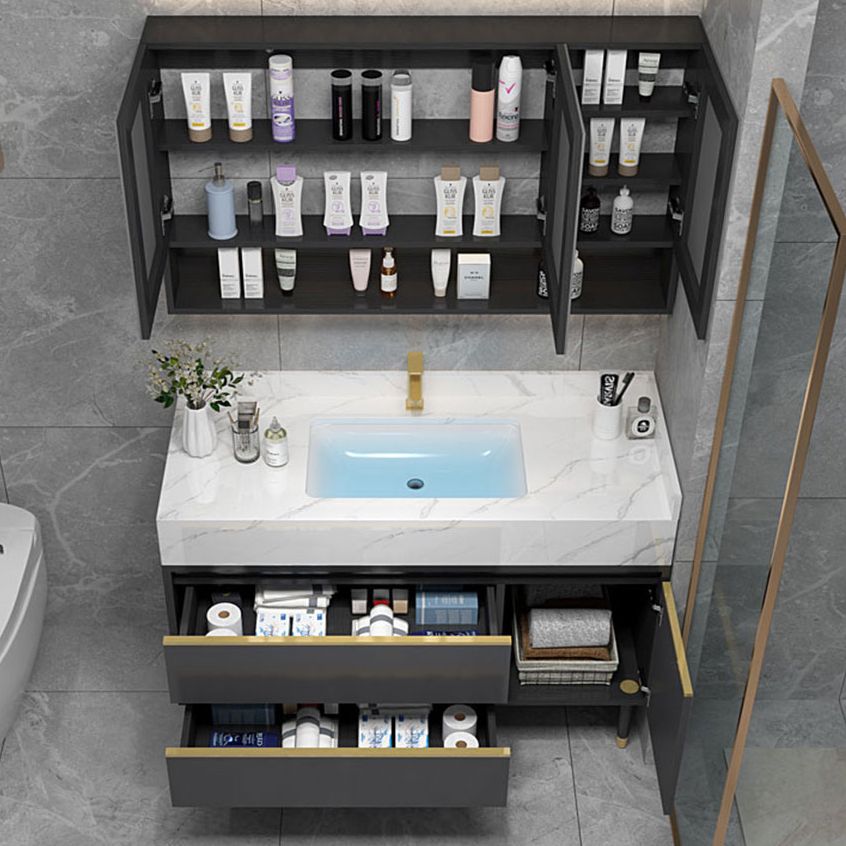 Glam Bath Vanity Wood Frame Freestanding Soft Close Drawers Rectangle Mirror Vanity Clearhalo 'Bathroom Remodel & Bathroom Fixtures' 'Bathroom Vanities' 'bathroom_vanities' 'Home Improvement' 'home_improvement' 'home_improvement_bathroom_vanities' 1200x1200_bf16017d-2b6e-489b-8cd1-1c9512f77288