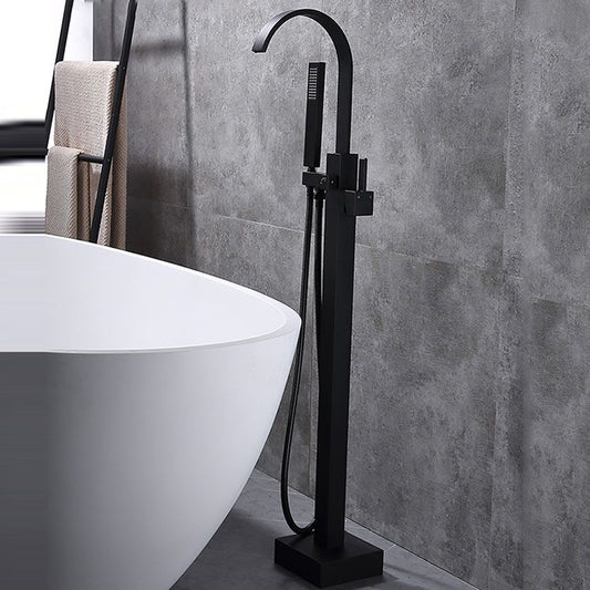 Contemporary Brass Freestanding Tub Filler with Hose Floor Mounted Bathroom Faucet Clearhalo 'Bathroom Remodel & Bathroom Fixtures' 'Bathtub Faucets' 'bathtub_faucets' 'Home Improvement' 'home_improvement' 'home_improvement_bathtub_faucets' 1200x1200_bff293f2-000c-4999-b6c1-d056ba0ccc11