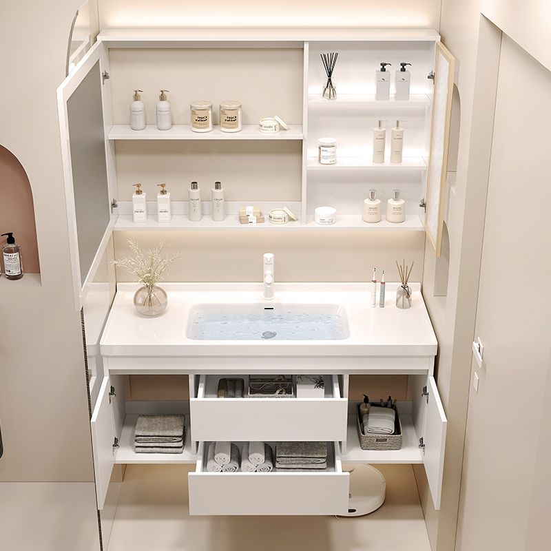 White Bathroom Vanity Wood Frame Mirror Waterproof Single Sink Overflow with 2 Drawers Clearhalo 'Bathroom Remodel & Bathroom Fixtures' 'Bathroom Vanities' 'bathroom_vanities' 'Home Improvement' 'home_improvement' 'home_improvement_bathroom_vanities' 1200x1200_c0a3231f-9229-43ba-b3b4-0dda502b292e