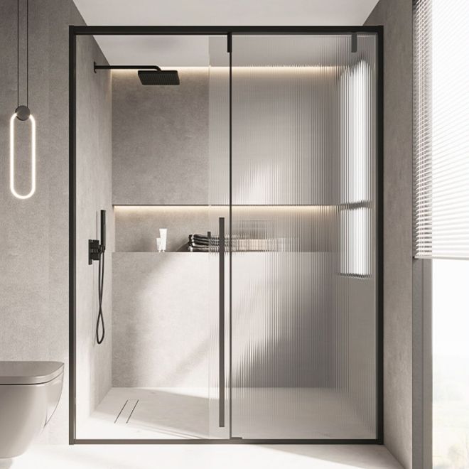 Glass and Metal Shower Door Simple One-Line Shower Black Bath Door Clearhalo 'Bathroom Remodel & Bathroom Fixtures' 'Home Improvement' 'home_improvement' 'home_improvement_shower_tub_doors' 'Shower and Tub Doors' 'shower_tub_doors' 'Showers & Bathtubs' 1200x1200_c2e1f34e-e177-433d-bf03-1e7cb4c85c26