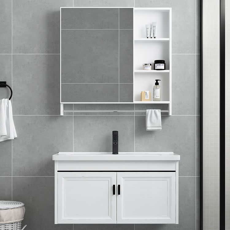 White Bath Vanity Metal Frame Wall Mounted 2 Doors Rectangular Single Sink Mirror Vanity Clearhalo 'Bathroom Remodel & Bathroom Fixtures' 'Bathroom Vanities' 'bathroom_vanities' 'Home Improvement' 'home_improvement' 'home_improvement_bathroom_vanities' 1200x1200_c39d6853-1a7e-4ff9-a2a8-41ed0c4d1762