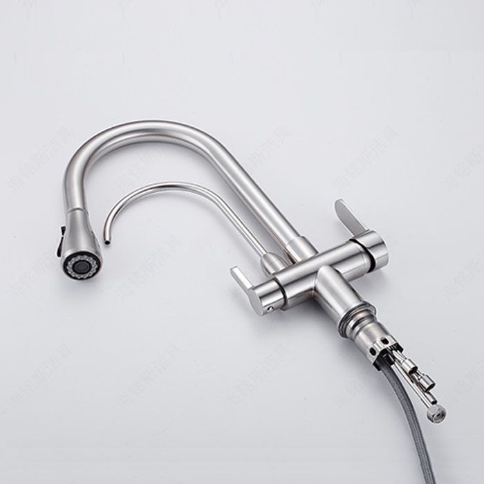 1 Hole Kitchen Faucets Metal Pulldown Sprayer Kitchen Faucet with Double Handles Clearhalo 'Home Improvement' 'home_improvement' 'home_improvement_kitchen_faucets' 'Kitchen Faucets' 'Kitchen Remodel & Kitchen Fixtures' 'Kitchen Sinks & Faucet Components' 'kitchen_faucets' 1200x1200_c46843a7-0f61-4cc9-9750-2ccf732e95e9