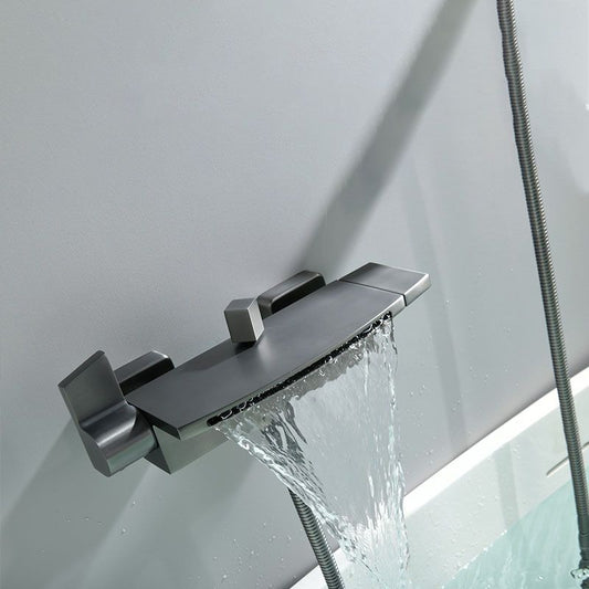 Modern Bathtub Faucet Handheld Shower Head Wall-mounted Waterfall Faucet Clearhalo 'Bathroom Remodel & Bathroom Fixtures' 'Bathtub Faucets' 'bathtub_faucets' 'Home Improvement' 'home_improvement' 'home_improvement_bathtub_faucets' 1200x1200_c46ad724-a6cf-4393-9e75-db7b8582367e