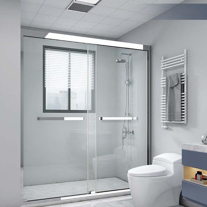 Contemporary Stainless Steel Frame Shower Bath Door Double Sliding Shower Door Clearhalo 'Bathroom Remodel & Bathroom Fixtures' 'Home Improvement' 'home_improvement' 'home_improvement_shower_tub_doors' 'Shower and Tub Doors' 'shower_tub_doors' 'Showers & Bathtubs' 1200x1200_c4b7c0b2-4b87-4bc3-924d-35f0c9e9b3aa