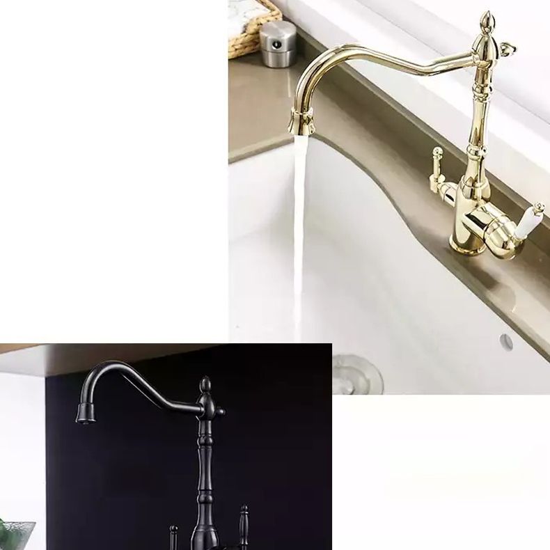 Traditional Bridge Kitchen Faucet 2-Handle Bridge Kitchen Faucet in Gold Clearhalo 'Home Improvement' 'home_improvement' 'home_improvement_kitchen_faucets' 'Kitchen Faucets' 'Kitchen Remodel & Kitchen Fixtures' 'Kitchen Sinks & Faucet Components' 'kitchen_faucets' 1200x1200_c4eee395-4fd0-47c1-b4fd-e4f286ab0c76