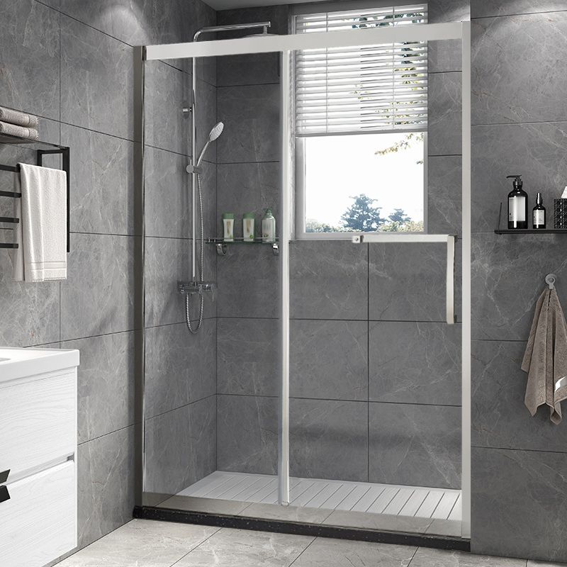 Silver Semi Frameless Single Move Tempered Glass Shower Door Clearhalo 'Bathroom Remodel & Bathroom Fixtures' 'Home Improvement' 'home_improvement' 'home_improvement_shower_tub_doors' 'Shower and Tub Doors' 'shower_tub_doors' 'Showers & Bathtubs' 1200x1200_c8725653-18a6-49bc-acd4-0388b2e4ff2b