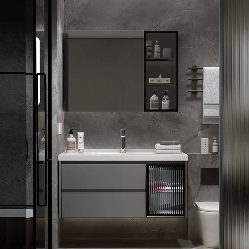 Modern Vanity Rectangular Dark Gray Single Ceramic Top Sink Vanity Clearhalo 'Bathroom Remodel & Bathroom Fixtures' 'Bathroom Vanities' 'bathroom_vanities' 'Home Improvement' 'home_improvement' 'home_improvement_bathroom_vanities' 1200x1200_c9200026-7160-4f2e-a323-e781083b6097