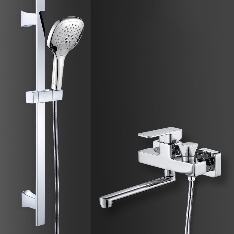 Wall Mounted Bath Faucet Trim Chrome Polished Swivel Spout with Handshower Clearhalo 'Bathroom Remodel & Bathroom Fixtures' 'Bathtub Faucets' 'bathtub_faucets' 'Home Improvement' 'home_improvement' 'home_improvement_bathtub_faucets' 1200x1200_ca1639f9-0d4a-4e17-b060-f64ae8d5a1e1